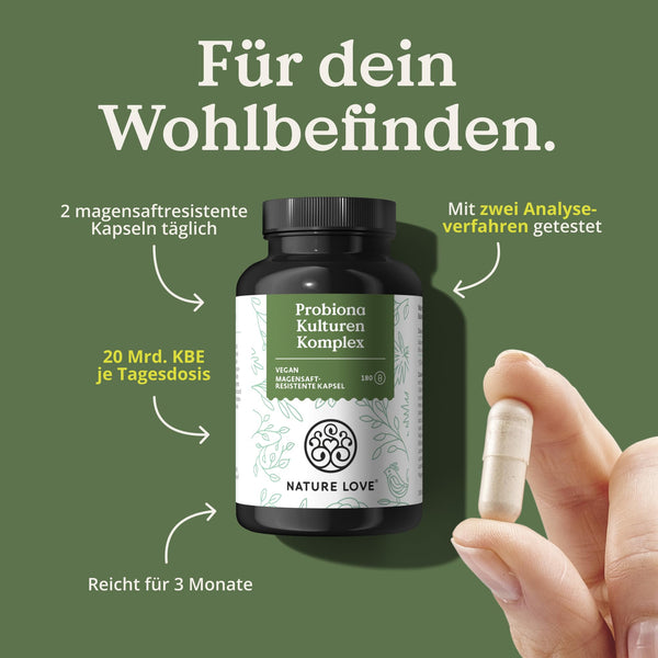 Nature Love Probiotika Kapseln vegan – 180 magensaftresistente Kapseln mit 300 Mrd. KBE/g, Lactobacillus & Bifidobakterien für 20 Mrd. KBE/Tag, 3 Monate Versorgung - Bodyshop-fit