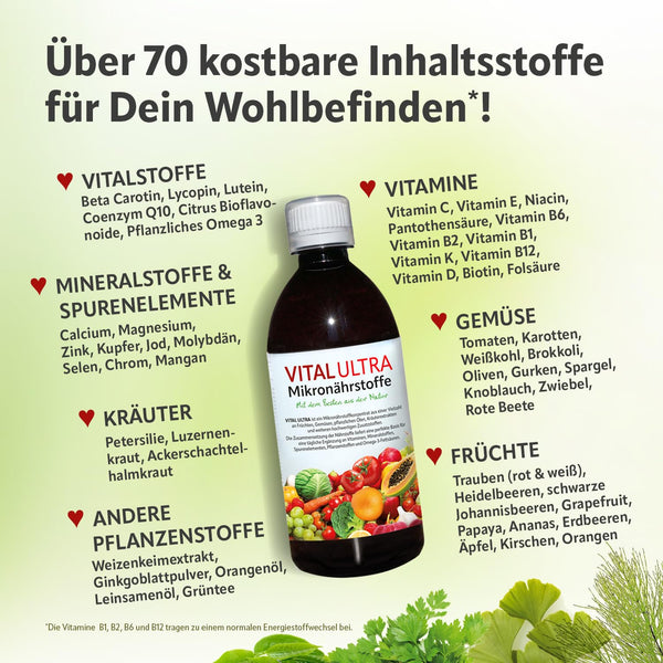 Vital Ultra - 480 ml - Mikronährstoffkonzentrat mit Vitaminen, Mineralien, Spurenelementen, Pflanzenstoffen und Omega-3-Fettsäuren - flüssiges Lebensmittel aus über 70 Zutaten mit bis zu 60 Portionen