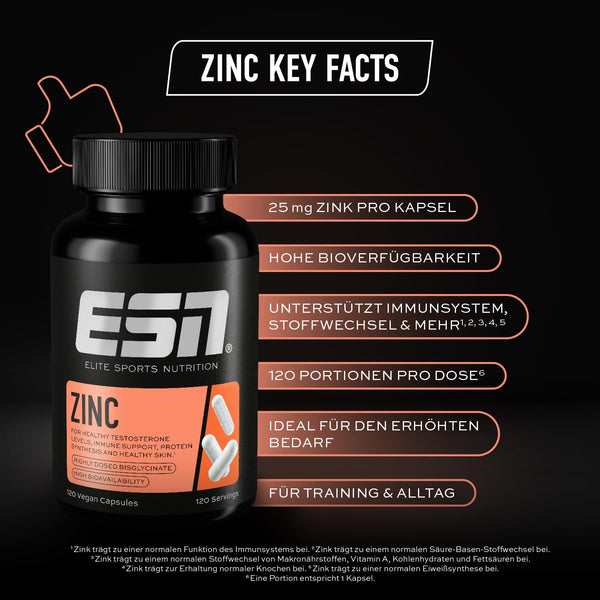ESN Zinkbisglycinat Kapseln, 120 Stück, 25 mg Zink pro Kapsel, vegan - Bodyshop-fit