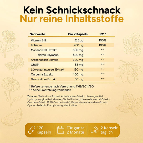 Leber Kur Mariendistel hochdosiert - 80% Silymarin, Artischocke, Löwenzahn, Curcuma, Desmodium & Cholin für optimale Lebergesundheit - 8-Fach Komplex - Bodyshop-fit