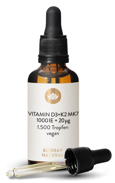 SUNDAY NATURAL® Vitamin D3 K2 Tropfen hochdosiert - Vegan - Premium Vitamin D 3 1.000 IE + K2-MK7 ≥99,8% all-trans 20µg - Optimale Bioverfügbarkeit, ohne unnötige Zusätze, laborgeprüft