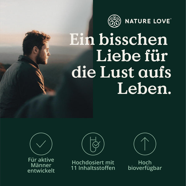 NATURE LOVE® Energiefluss für Männer - 90 Kapseln - Mit Tribulus Terrestris Extrakt, Maca Extrakt, L-Arginin, L-Citrullin, Zink, Folat, Vitamin C, Pflanzenstoffen - Hochdosiert, vegan und laborgeprüft