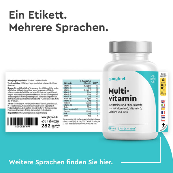 Multivitamin hochdosiert 450 Tabletten - Wichtige Mineralien & A-Z Vitamine für 15 Monate Vorrat - Unterstützt das Immunsystem* - Laborgeprüft in Deutschland ohne Zusätze - Bodyshop-fit
