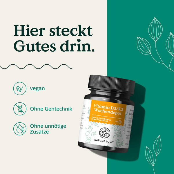 Nature Love Vitamin D3 K2 Wochendepot - 180 vegane Tabletten - 7000IE D3 + 140µg K2 pro Tablette mit >99,7% all-trans - Hochdosiert & vegan - Laborgeprüft, in Deutschland produziert