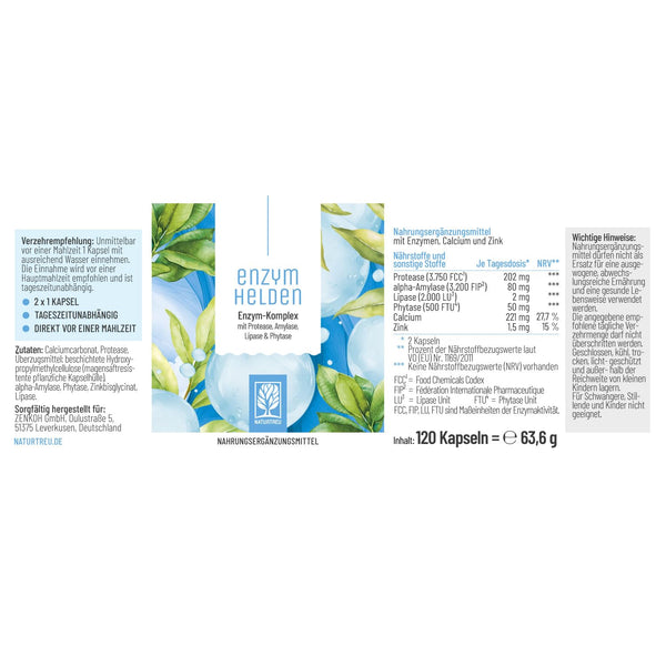 NATURTREU® Verdauungsenzyme (Digestive Enzyme) - Enzymhelden: Enzym Komplex mit Protease, α-Amylase & Lipase - 120 vegane Kapseln - in Deutschland produziert & laborgeprüft