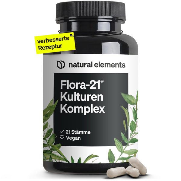 natural elements Flora 21® Kulturen Komplex – 21 Bakterienstämme + Bio Inulin – 180 magensaftresistente Kapseln – Laborgeprüft, vegan, hochdosiert und in Deutschland produziert