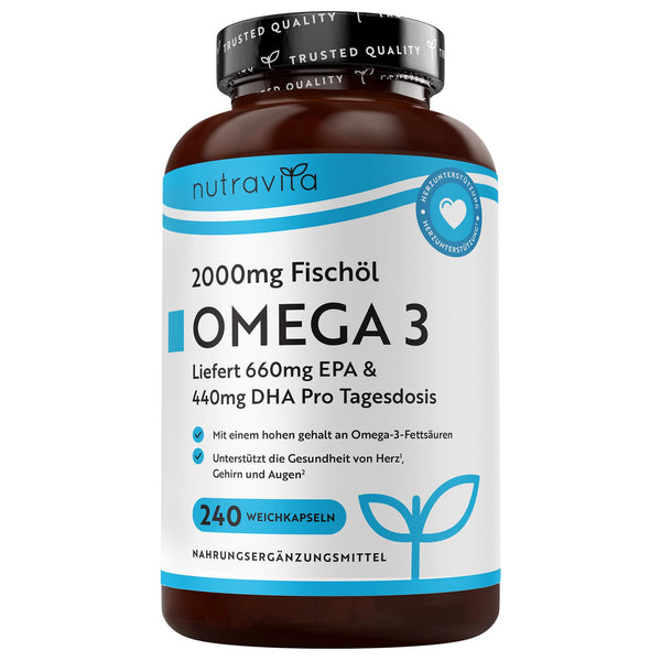 Nutravita Omega 3 Kapseln hochdosiert 2000mg Fischöl mit 660mg EPA und 440mg DHA für Herz, Gehirn und Augen – 240 Weichkapseln für 4 Monate - Bodyshop-fit