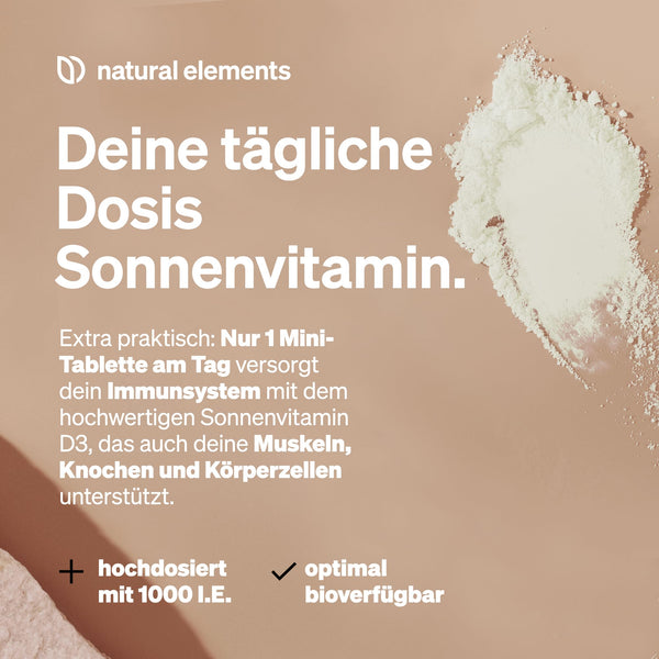 natural elements Vitamin D3 1000 I.E. – 365 Tabletten im Jahresvorrat – Vitamin D für Knochen und Immunsystem – hochdosiert, ohne unnötige Zusätze – in Deutschland produziert & laborgeprüft