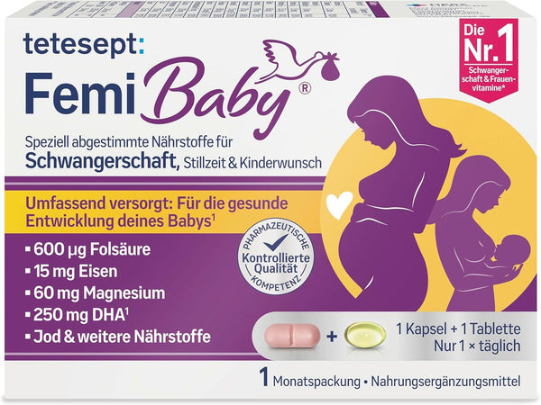 tetesept Femi Baby – 16 Nährstoffe für Kinderwunsch, Schwangerschaft & Stillzeit – mit Folsäure, Eisen, Jod + DHA – 1 x Monatspackung à 30 Tabletten + 30 Kapseln NEU