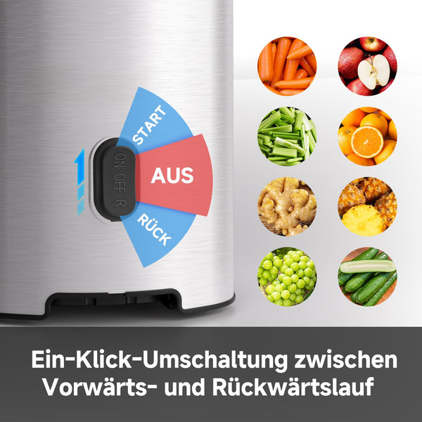 AMZCHEF Slow Juicer - Entsafter mit 120MM Breite und großer Fütterungsröhre für ganze Obst und Gemüse - Leicht zu reinigender Entsafter mit 2 Gläsern - Silbrig - Bodyshop-fit