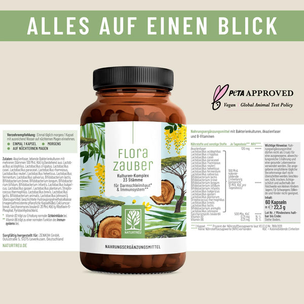 NATURTREU Florazauber Kulturen vegan - Magensaftresistent mit 23 Bakterienstämmen, 60 Kapseln für eine gesunde Darmflora - Bodyshop-fit