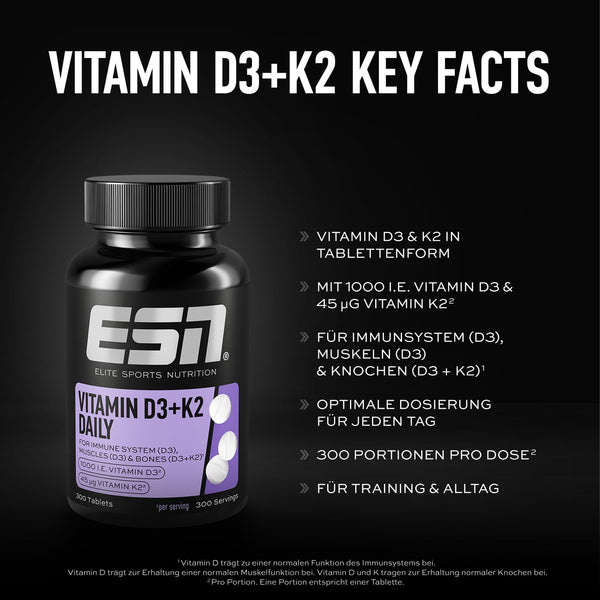 ESN Vitamin D3 + K2 Daily, 300 Tabletten, für Immunsystem und Knochen, made in Germany