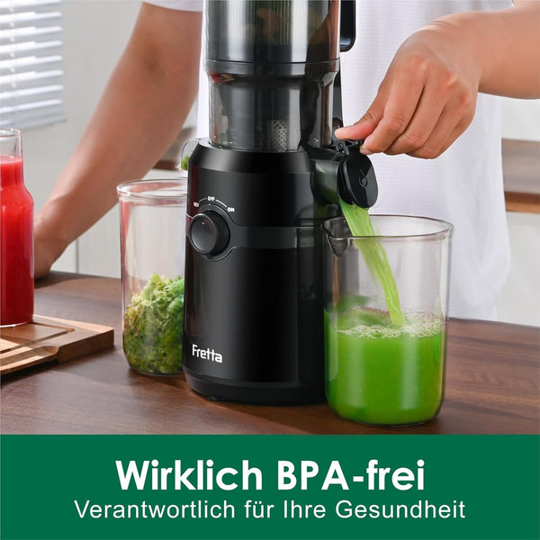Fretta Entsafter,Slow Juicer mit 108MM Breite und Größere Fütterungsröhre,Füllvolumen für ganze Gemüse und Obst,BPA-frei Tritan-Material Entsafter,Einfacher Installation,200W