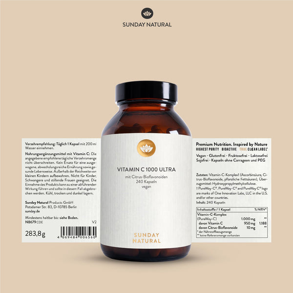 SUNDAY NATURAL® Vitamin C hochdosiert – 1000 mg Vitamin C – exklusiver PureWay® Komplex aus den USA – schnelle Absorption, mit Bioflavonoiden – laborgeprüft, ohne unnötige Zusätze – 240 Kapseln