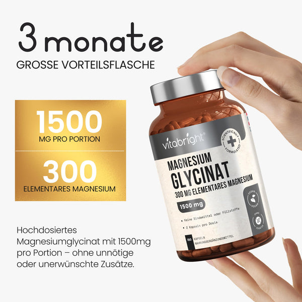 Magnesium Glycinat 180 Kapseln | 300mg Elementares Mg | 1500mg Pro Dosis - Magnesium Bisglycinat Pulver Gepuffertes | Hochdosiert Magnesiumglycinat Ohne Zusatzstoffe | VitaBright Magnesiumbisglycinat