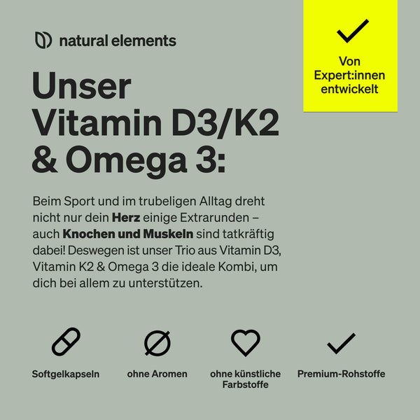 natural elements Vitamin D3 + K2 + Omega 3 – Premium K2VITAL® von Kappa 99,7+% All-Trans K2 – Premium Omega 3 in Triglycerid Form und bioverfügbares D3 – in Deutschland produziert & laborgeprüft