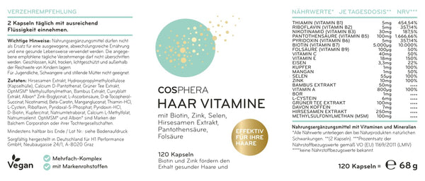 Cosphera Haar-Vitamine - Hochdosiert mit Biotin, Selen und Zink als Beitrag zum Erhalt normaler Haare. Plus Folsäure & Hirse Samen Extrakt (reich an Silizium) - 120 vegane Kapseln im 2 Monatsvorrat.