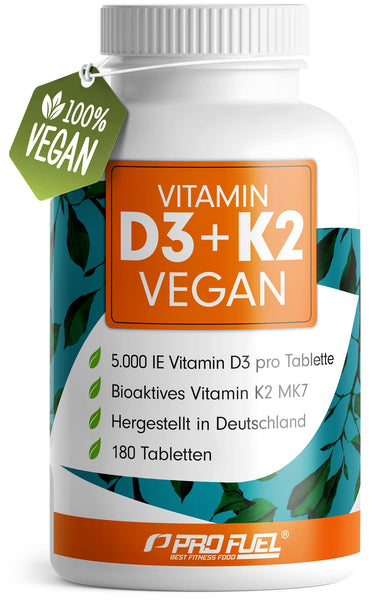 Vitamin D3 K2 VEGAN - 180 Tabletten mit 5000 IE D3 + 200 mcg K2 (MK7) - Vitamin D3 hochdosiert und vegan + Vitamin K2 in bioaktiver MK7-Form - laborgeprüft mit Zertifikat - Vorratspack: 180 Tabletten