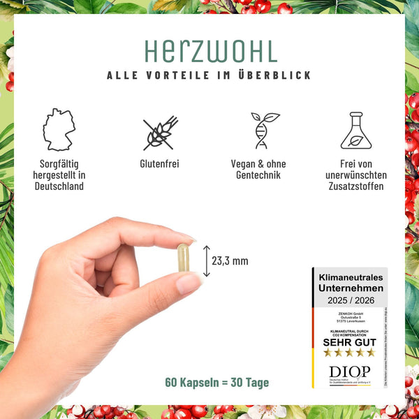 NATURTREU® Herzwohl Kapseln mit hochdosiertem Weißdorn, Arjuna & Coenzym Q10 - Natürliche Venenunterstützung - Bodyshop-fit