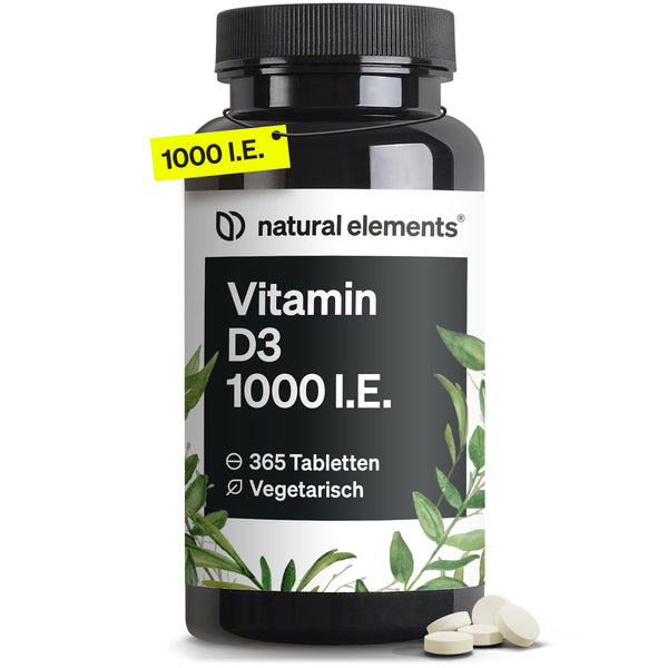 natural elements Vitamin D3 1000 I.E. – 365 Tabletten im Jahresvorrat – Vitamin D für Knochen und Immunsystem – hochdosiert, ohne unnötige Zusätze – in Deutschland produziert & laborgeprüft