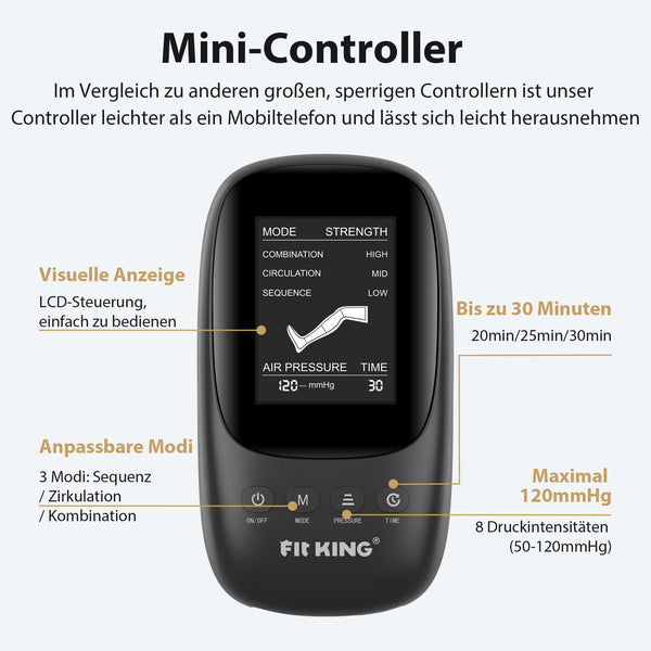 FIT KING Beinmassagegerät mit Luftkompression für Fuß, Waden und Oberschenkel - 4 Massagezonen, 3 Modi & 8 Intensitätsstufen zur optimalen Muskelentspannung nach dem Sport - Bodyshop-fit