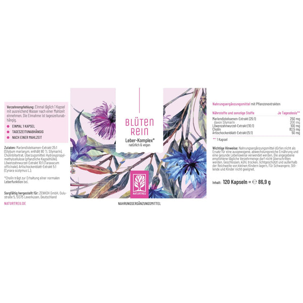 Blütenrein Mariendistel Artischocke Löwenzahn Kapseln - Hochdosierter Leber Komplex mit Cholin und 80% Silymarin für normale Leberfunktion - 200 mg, 120 Kapseln - Bodyshop-fit