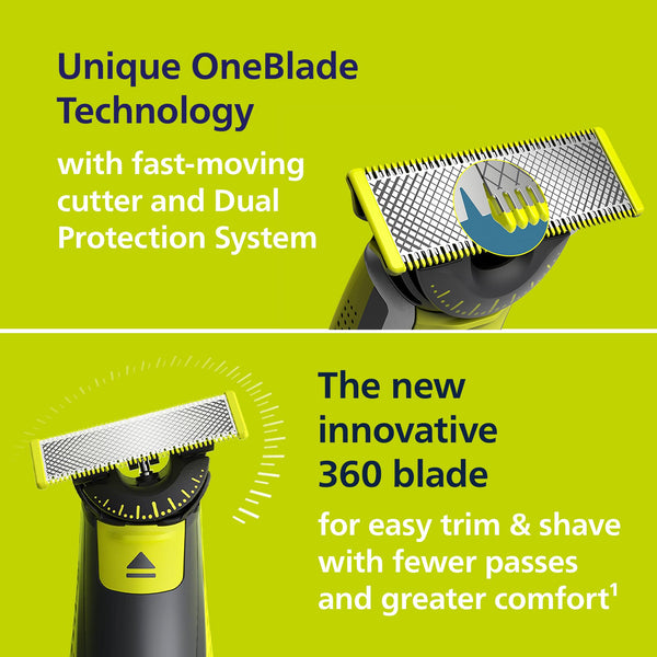 PHILIPS OneBlade 360 Rasierer - Elektrischer Rasierer, Trimmer & Bodygroomer mit 3x 360 Klingen, 3x Trimmaufsätzen und 2x Körperaufsätzen für Nass- & Trockenrasur - Bodyshop-fit