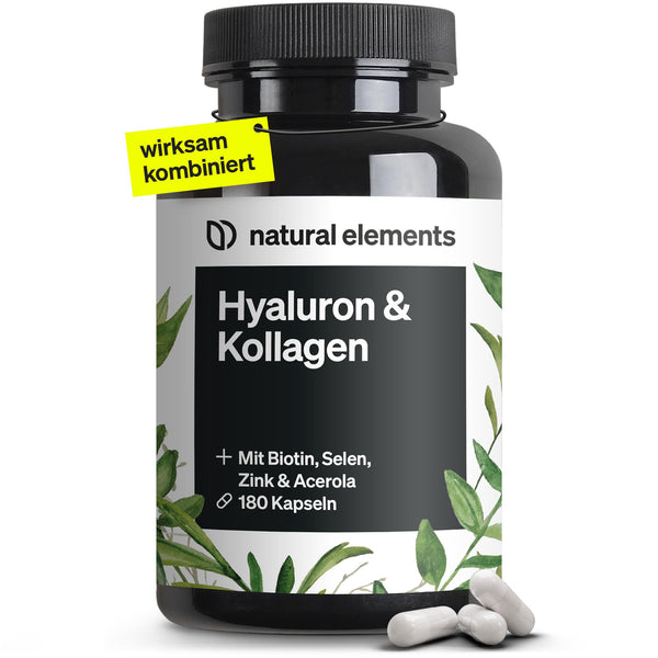 natural elements Hyaluronsäure Kollagen Komplex - 180 Kapseln - Angereichert mit Biotin, Selen, Zink, Vitamin C aus Acerola & Bambusextrakt - Laborgeprüft