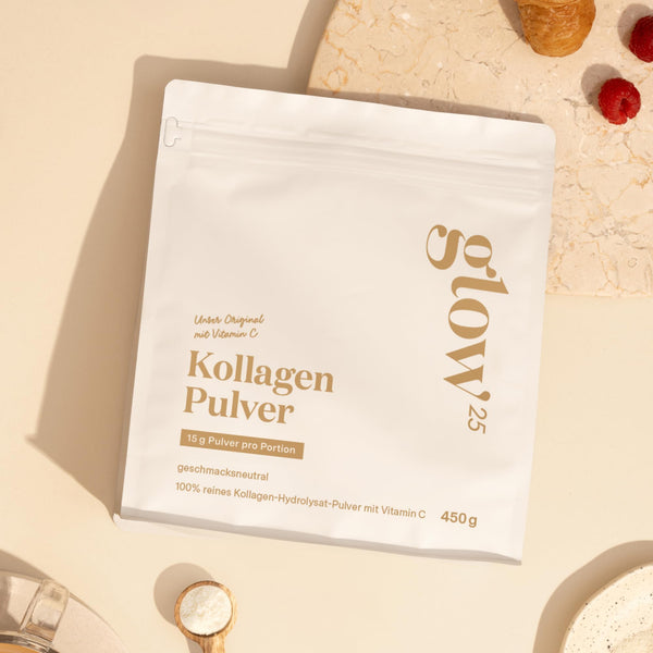 Glow25® Collagen Pulver [450g] – Unser Original – Kollagen Hydrolysat mit Vitamin C – Peptide Typ 1 und 3 – Gute Löslichkeit – Neutral