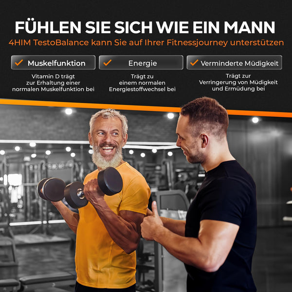 4 HIM TestoBalance für Männer - Normaler Testosteronspiegel, Energie und Muskelfunktion mit Zink, Magnesium, B6 Complex, L-Arginin, Ginseng und Selen - 60 Vegane Tabletten - Bodyshop-fit