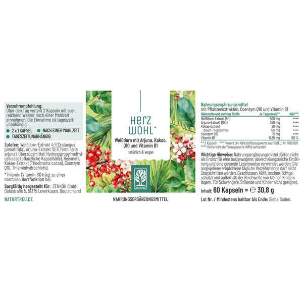NATURTREU® Herzwohl Kapseln mit hochdosiertem Weißdorn, Arjuna & Coenzym Q10 - Natürliche Venenunterstützung - Bodyshop-fit