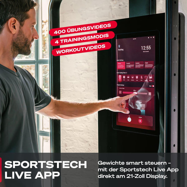 Sportstech sGym Pro – multifunktionale klappbare Kraftstation für Zuhause, 21" Display, 400+ Übungen, 13-Fach verstellbare Kabelzüge, Spotter, inkl.1 Jahr STL-App, platzsparend, Ganzkörpertraining