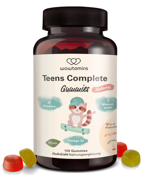 Zuckerfreie Multivitamin Gummies für Jugendliche - wowtamins Teens Complete (30-Tage-Vorrat) mit Omega 3, Vitamin C, D3, B12, Zink & mehr - Bodyshop-fit