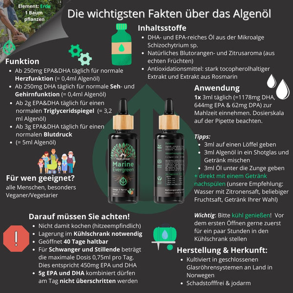 NatuRise® Omega 3 Vegan - Algenöl - 1884mg DHA, EPA & DPA - Hochdosiert - 100 ml - Laborgeprüft – Triglycerid-Form - Pipette mit Dosierskala - UV-Glas