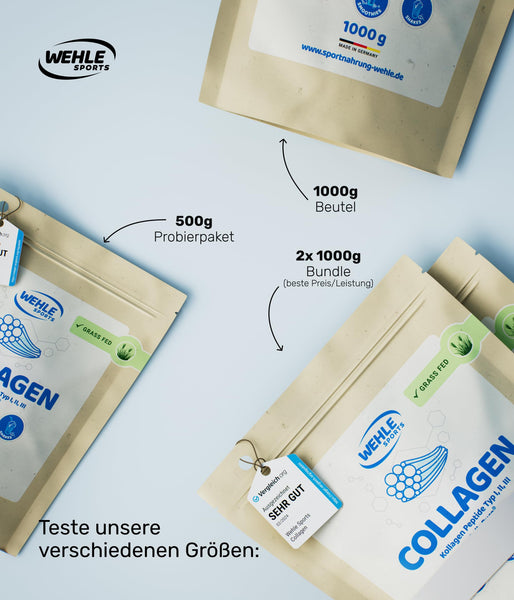 Collagen Pulver 1 kg – Kollagenhydrolysat Peptide Typ I, II & III – Geschmacksneutrales Eiweißpulver – Made in Germany – Wehle Sports (1000g (1er Pack)) - Verpackung kann variieren.