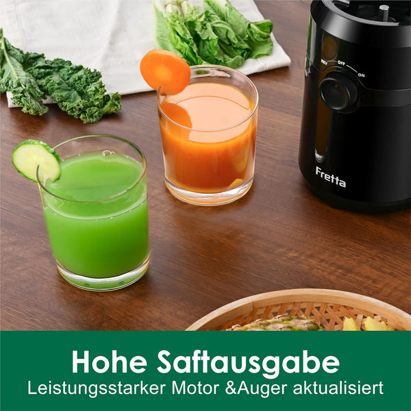 Fretta Entsafter,Slow Juicer mit 108MM Breite und Größere Fütterungsröhre,Füllvolumen für ganze Gemüse und Obst,BPA-frei Tritan-Material Entsafter,Einfacher Installation,200W