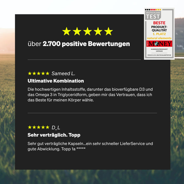 natural elements Vitamin D3 + K2 + Omega 3 – Premium K2VITAL® von Kappa 99,7+% All-Trans K2 – Premium Omega 3 in Triglycerid Form und bioverfügbares D3 – in Deutschland produziert & laborgeprüft