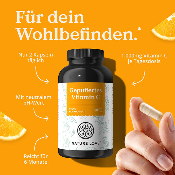 NATURE LOVE® Gepuffertes Vitamin C - Hochdosiert mit 1000mg Vitamin C je Tagesdosis - 365 Kapseln - pH-neutral & gut verträglich - Vegan