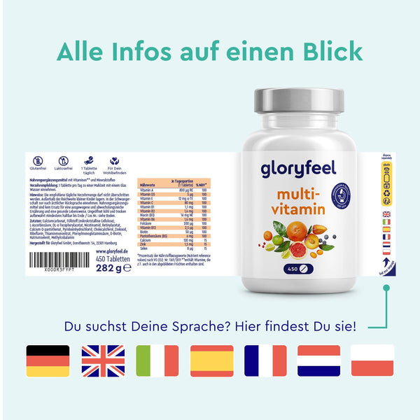 Multivitamin hochdosiert 450 Tabletten - Wichtige Mineralien & A-Z Vitamine für 15 Monate Vorrat - Unterstützt das Immunsystem* - Laborgeprüft in Deutschland ohne Zusätze - Bodyshop-fit