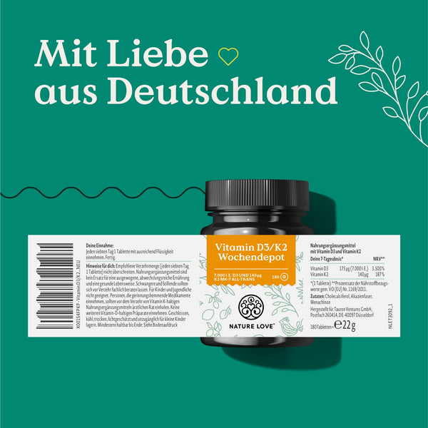 Nature Love Vitamin D3 K2 Wochendepot - 180 vegane Tabletten - 7000IE D3 + 140µg K2 pro Tablette mit >99,7% all-trans - Hochdosiert & vegan - Laborgeprüft, in Deutschland produziert