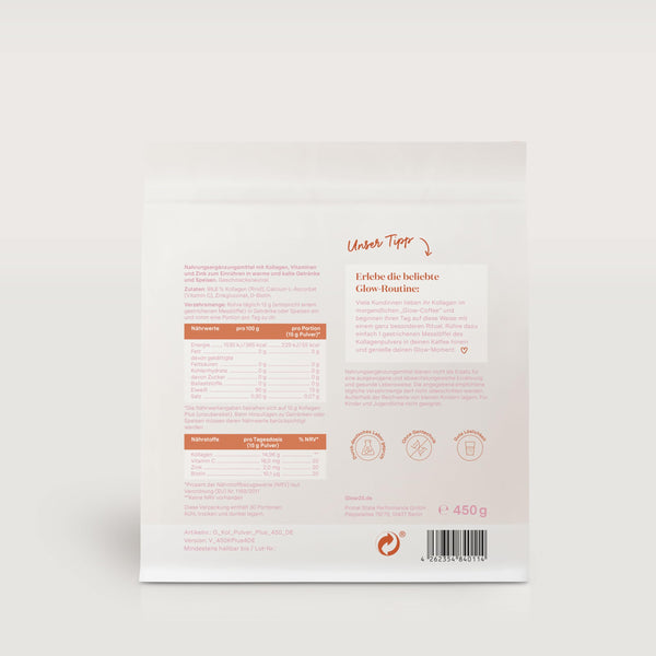 Glow25® Collagen Plus Pulver [450g] - Kollagen Hydrolysat mit Vitamin C, Zink und Biotin - Peptide Typ 1 und 3 - Gute Löslichkeit - Neutral