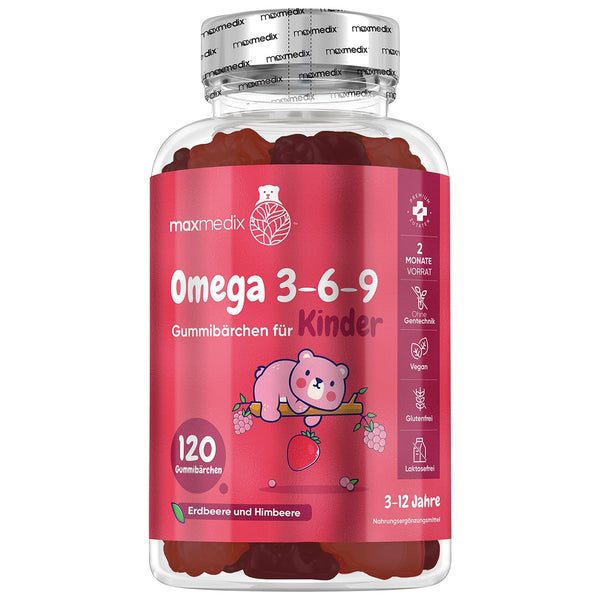 Omega 3 6 9 Gummibärchen Kinder - 120 Vegane Gummies mit Erdbeeren & Himbeeren Geschmack - 400mg Perillaöl für Omega 3, 6 & 9 - Glutenfrei & Laktosefrei - maxmedix - Bodyshop-fit