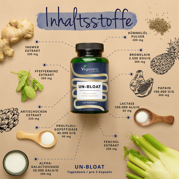 Vegavero Un-Bloat Kapseln vegan - Verdauungsenzyme Komplex mit Pflanzenextrakten – 120 Bromelain Kapseln mit Lactase & Papain Enzym – Magensaftresistent für Bauch & Verdauung
