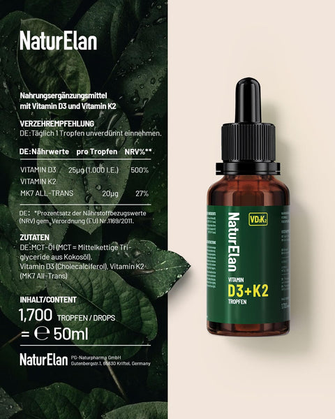 Vitamin D3 K2 Tropfen hochdosiert - 50ml, 1000 I.E. Vitamin D3 pro Tropfen, vegetarisch, ohne Zusätze, Laborgeprüft - Bodyshop-fit