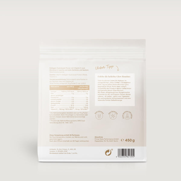 Glow25® Collagen Pulver [450g] – Unser Original – Kollagen Hydrolysat mit Vitamin C – Peptide Typ 1 und 3 – Gute Löslichkeit – Neutral