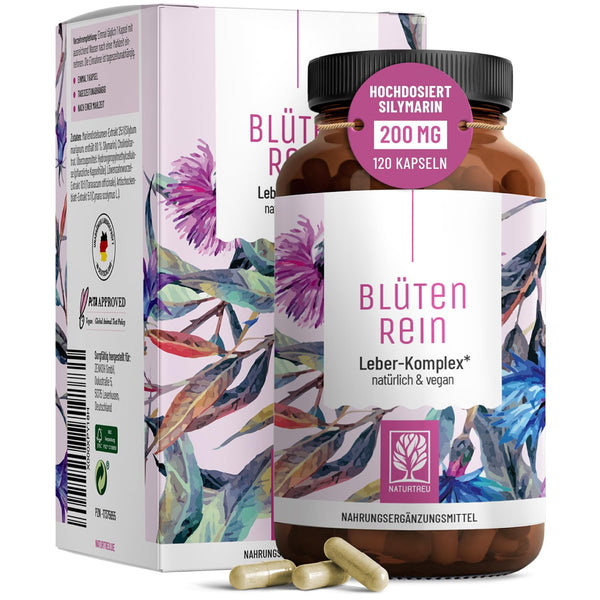 Blütenrein Mariendistel Artischocke Löwenzahn Kapseln - Hochdosierter Leber Komplex mit Cholin und 80% Silymarin für normale Leberfunktion - 200 mg, 120 Kapseln - Bodyshop-fit