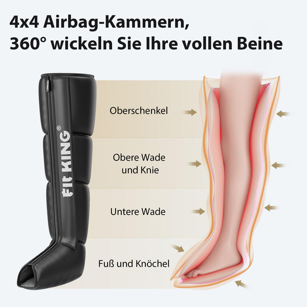 FIT KING Beinmassagegerät mit Luftkompression für Fuß, Waden und Oberschenkel - 4 Massagezonen, 3 Modi & 8 Intensitätsstufen zur optimalen Muskelentspannung nach dem Sport - Bodyshop-fit