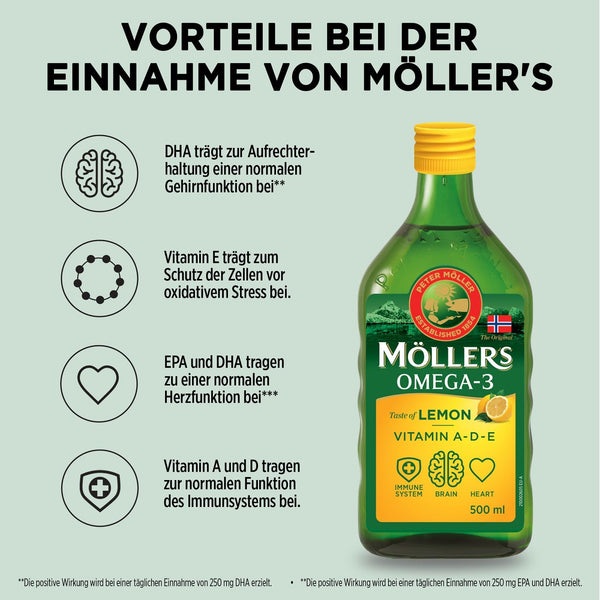Möller's Omega 3 Lebertran Öl | Nordic Omega 3 Nahrungsergänzung mit EPA, DHA, Vitamin A, D, E | Superior Taste Award | Hochreiner natürlicher | 165 Jahre alte Marke | Zitrone | 500 ML