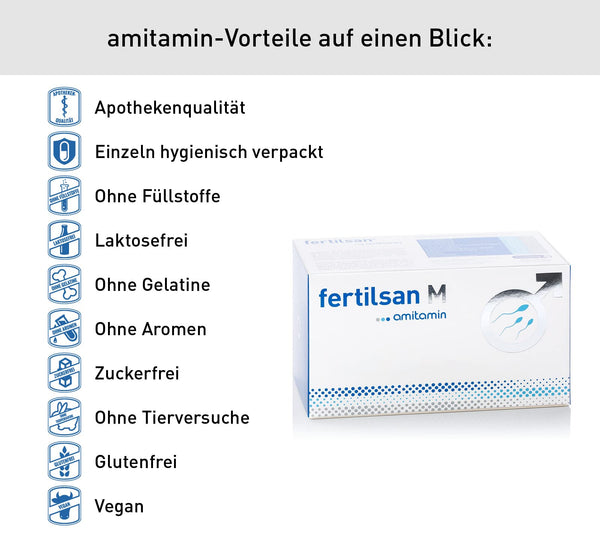 amitamin Fertilsan M - Fruchtbarkeit + Kinderwunsch Mann - Spermienproduktion - 90 Kapseln - Apothekenqualität - vegan - Zink, Selen, L-Arginin, Folsäure, L-Carnitin uvm. - deutsche Herstellung