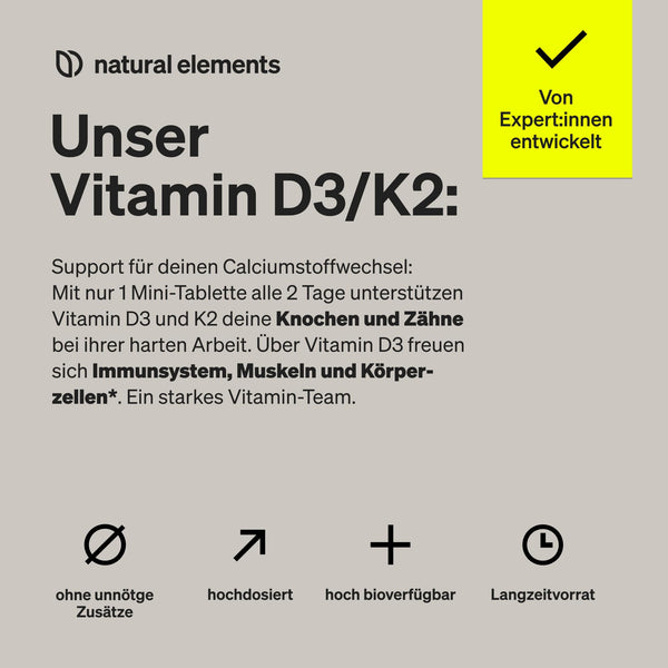 natural elements Vitamin D3 + K2 – > 99,7% all-trans MK-7 & 2000 IE Vitamin D3 – 240 Tabletten – hochdosiert, optimal bioverfügbar – ohne unnötige Zusätze – in Deutschland produziert